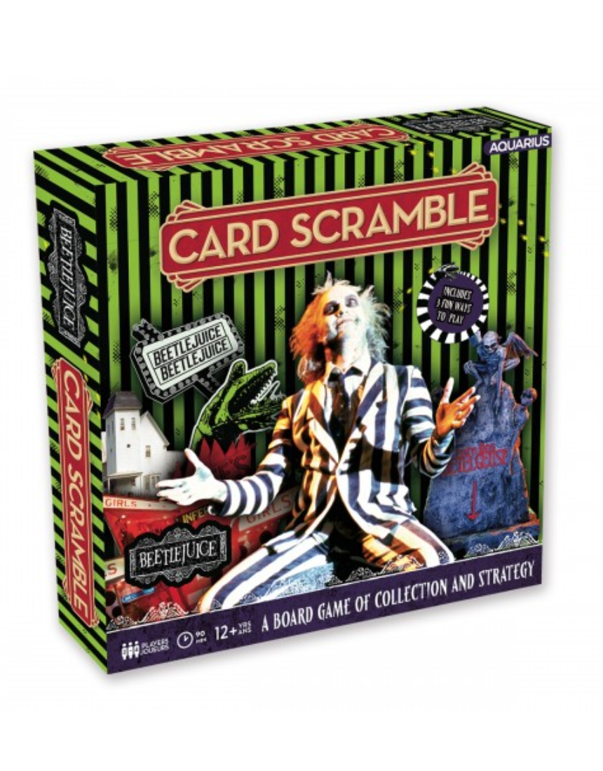 William Valentine Beetlejuice Card Scramble board game featuring colorful cards and game components on a flat surface.