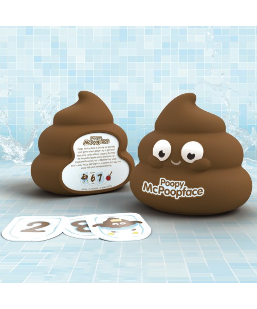 William Valentine Poopy McPoopface game box with colorful cartoon characters and playful illustrations on a white background.