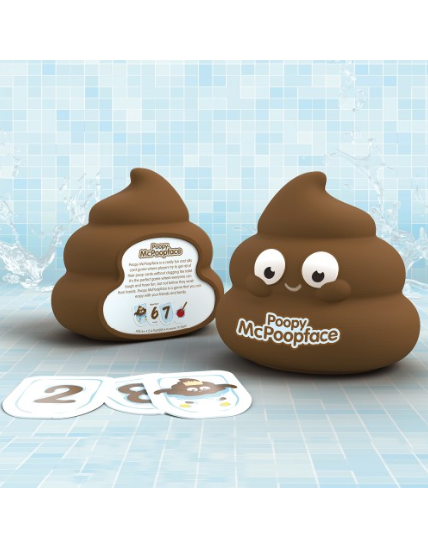 William Valentine Poopy McPoopface game box with colorful cartoon characters and playful illustrations on a white background.