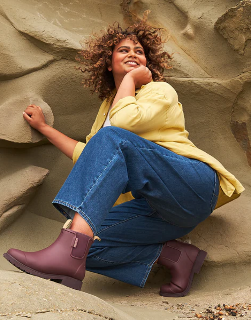 Dark cherry Merry People Bobbi gumboots with waterproof rubber and stylish design, perfect for rainy weather.