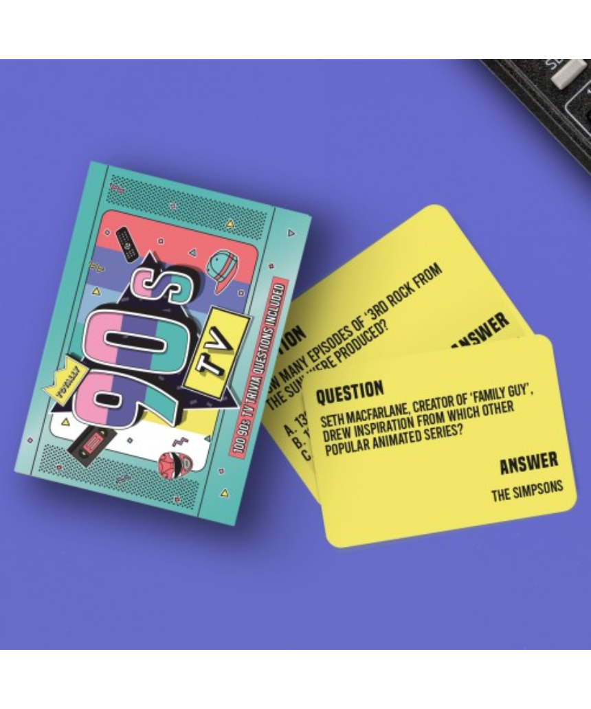 William Valentine Totally 90s TV Trivia game with colorful packaging and retro design, perfect for 90s TV show fans.