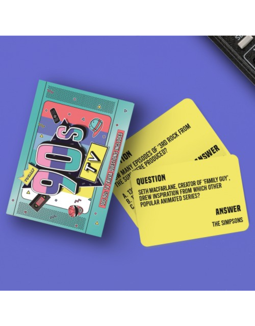 William Valentine Totally 90s TV Trivia game with colorful packaging and retro design, perfect for 90s TV show fans.