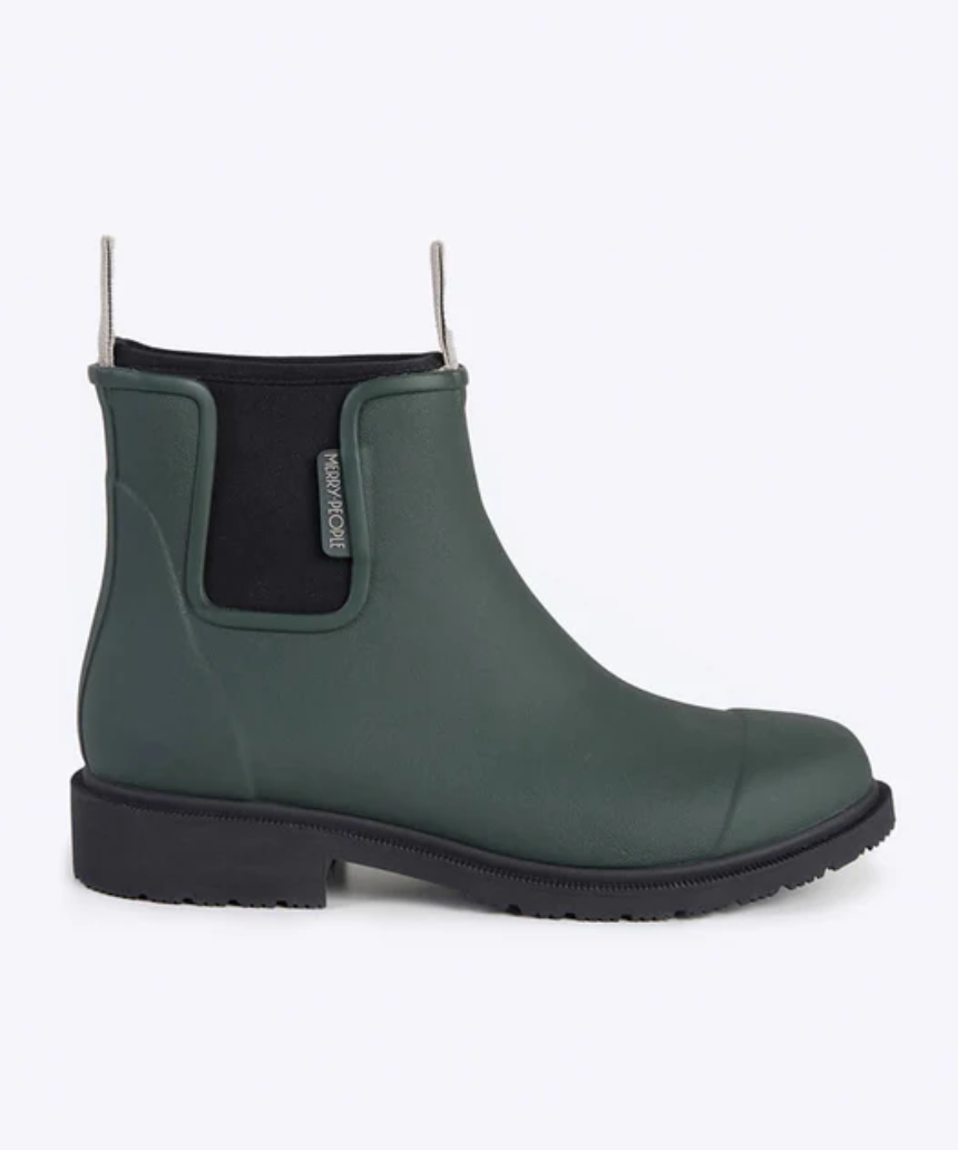 Merry People Bobbi Gumboots in forest green, waterproof rubber boots for rain and outdoor wear, with a sleek, stylish design.