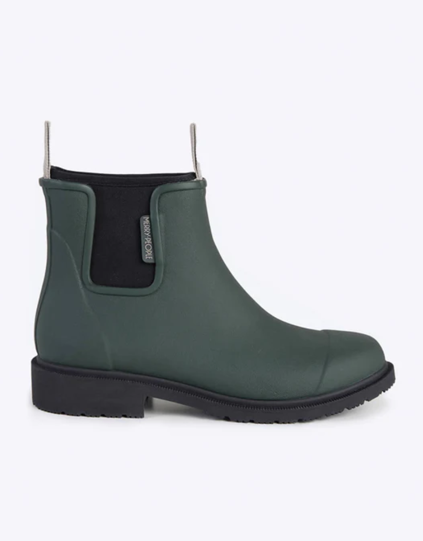 Merry People Bobbi Gumboots in forest green, waterproof rubber boots for rain and outdoor wear, with a sleek, stylish design.