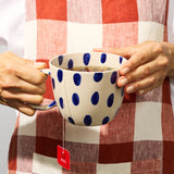 Jones & Co Chino Mug Boss Blue Spot featuring a stylish blue polka dot design on a ceramic mug.