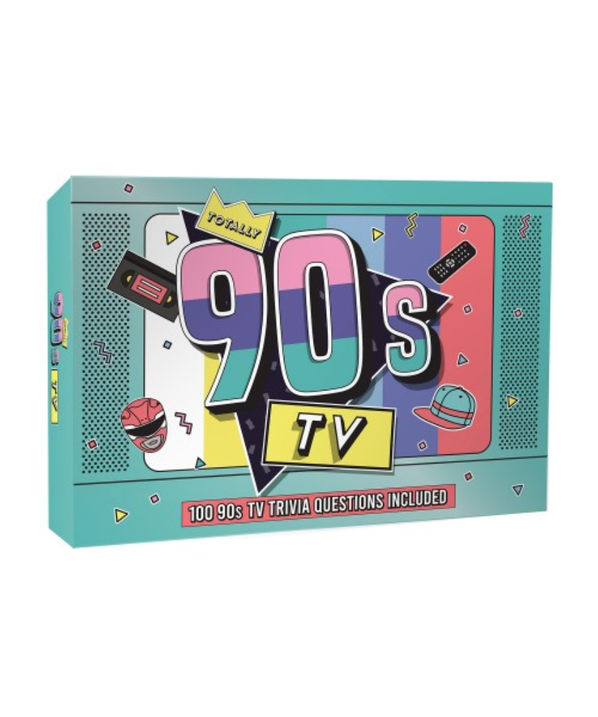 William Valentine Totally 90s TV Trivia game box with colorful retro design and 90s TV show references on the front.