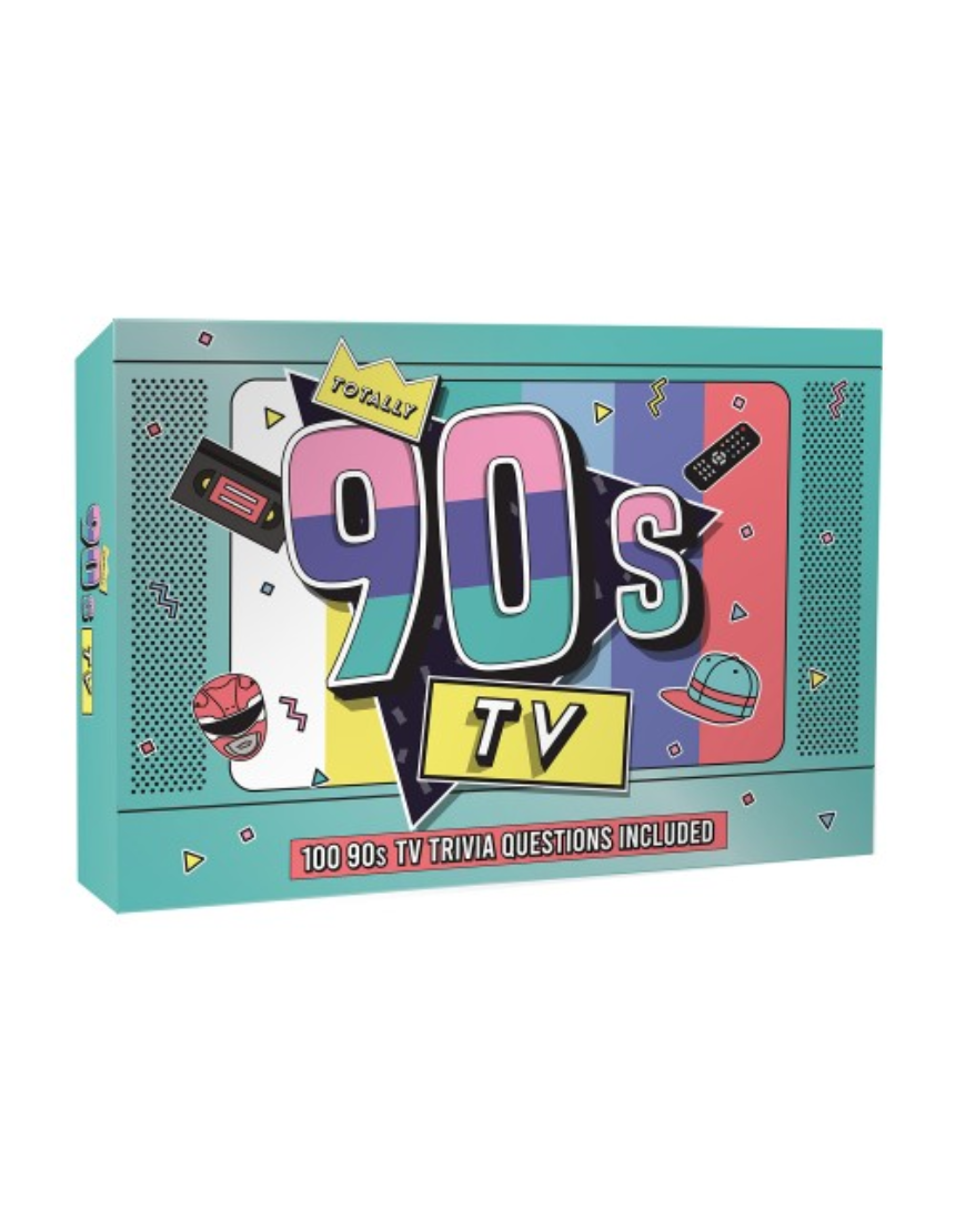 William Valentine Totally 90s TV Trivia game box with colorful retro design and 90s TV show references on the front.