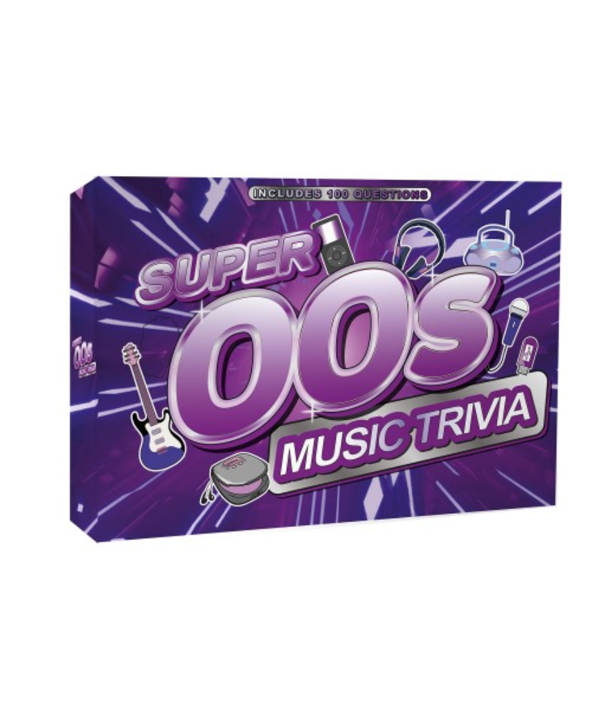 William Valentine Super 00s Music Trivia card featuring vibrant design and questions about 2000s popular music culture.