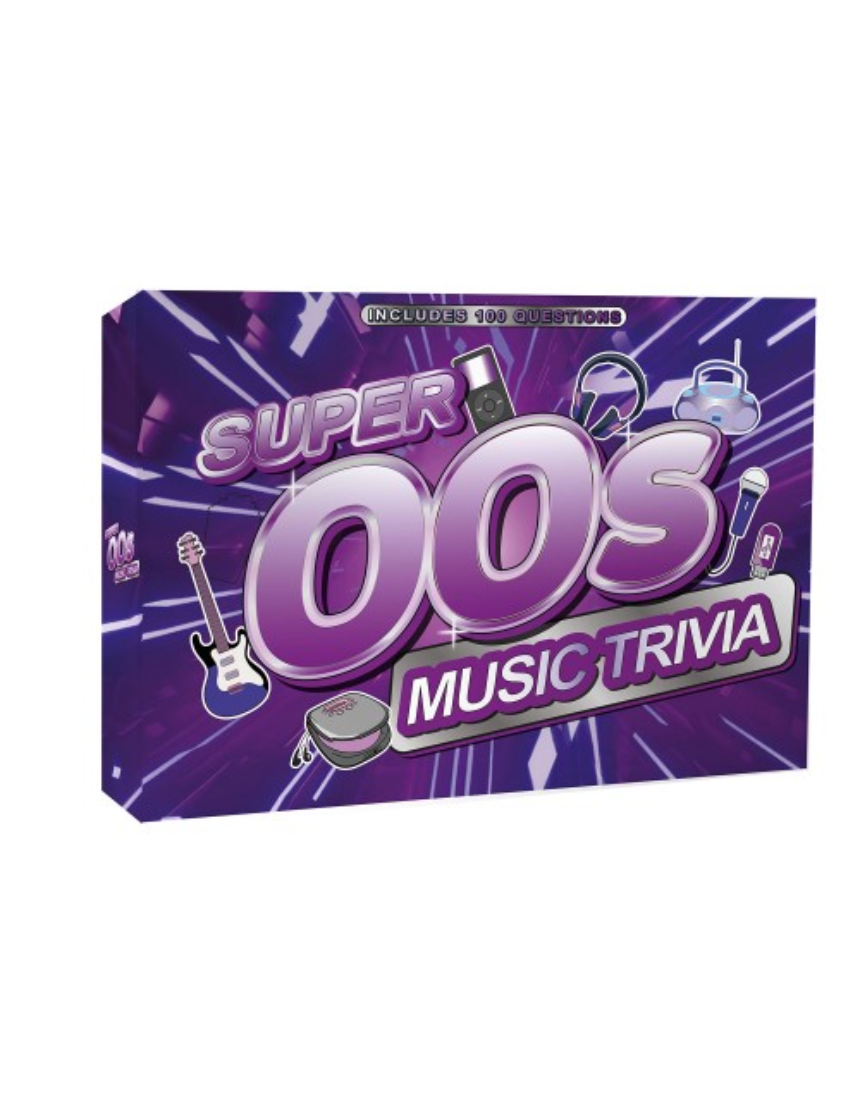 William Valentine Super 00s Music Trivia card featuring vibrant design and questions about 2000s popular music culture.