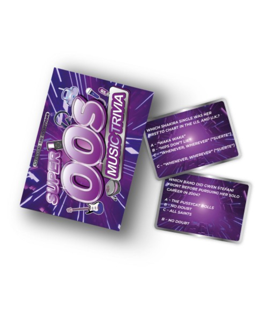 William Valentine Super 00s Music Trivia game box with colorful design and bold text, featuring 2000s music icons and trivia questions.