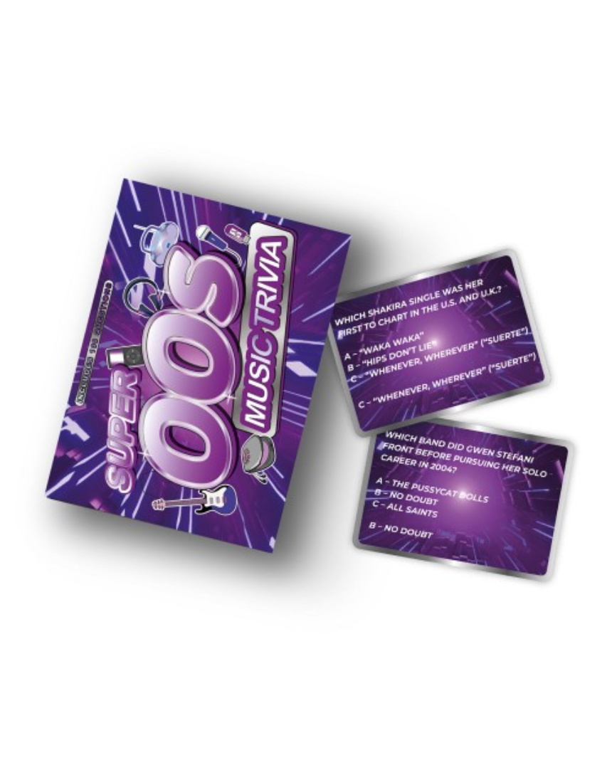 William Valentine Super 00s Music Trivia game box with colorful design and bold text, featuring 2000s music icons and trivia questions.