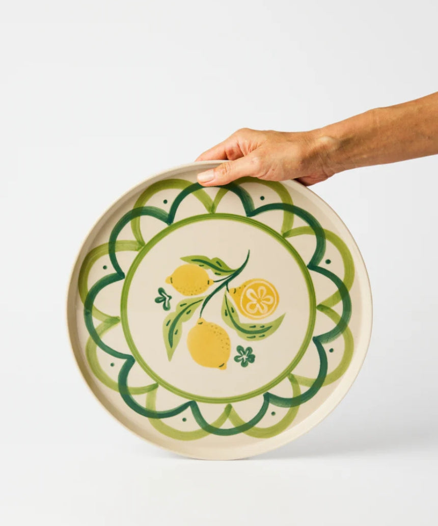 Jones & Co Tavola platter displaying a large, elegant ceramic serving platter with intricate designs and a glossy finish.