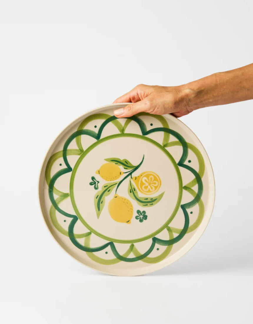 Jones & Co Tavola platter displaying a large, elegant ceramic serving platter with intricate designs and a glossy finish.