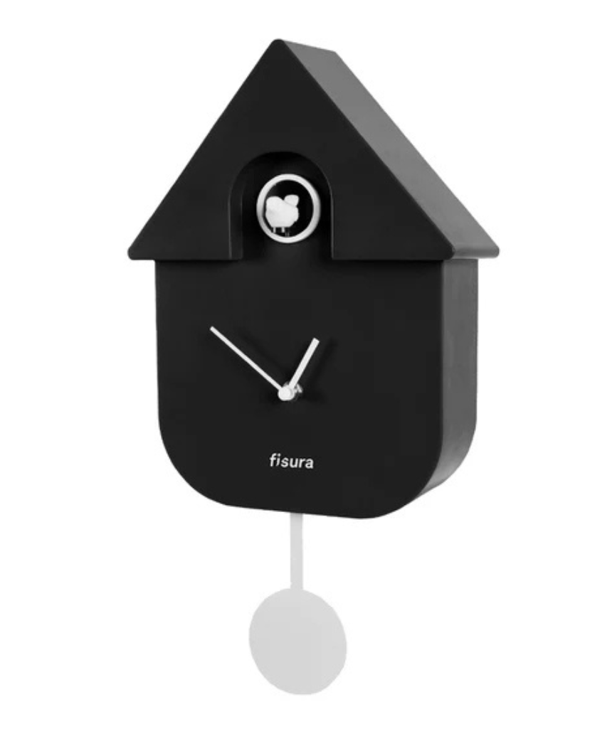 Fisura Casita black cuckoo clock with traditional design, wooden case, and hanging clock face, showcasing detailed craftsmanship.