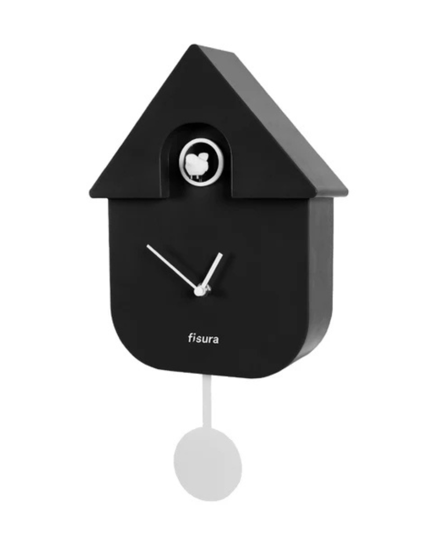 Fisura Casita black cuckoo clock with traditional design, wooden case, and hanging clock face, showcasing detailed craftsmanship.