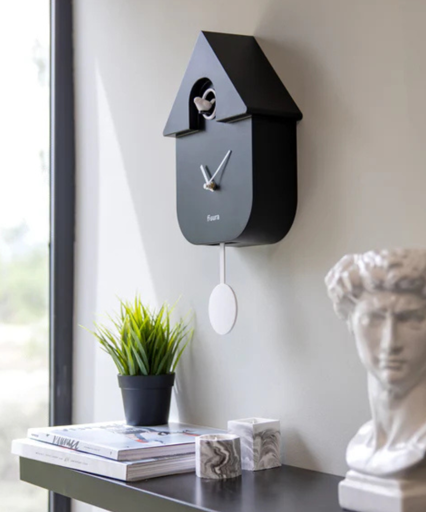 Fisura Casita black cuckoo clock with detailed house design, wooden finish, and traditional clock face.