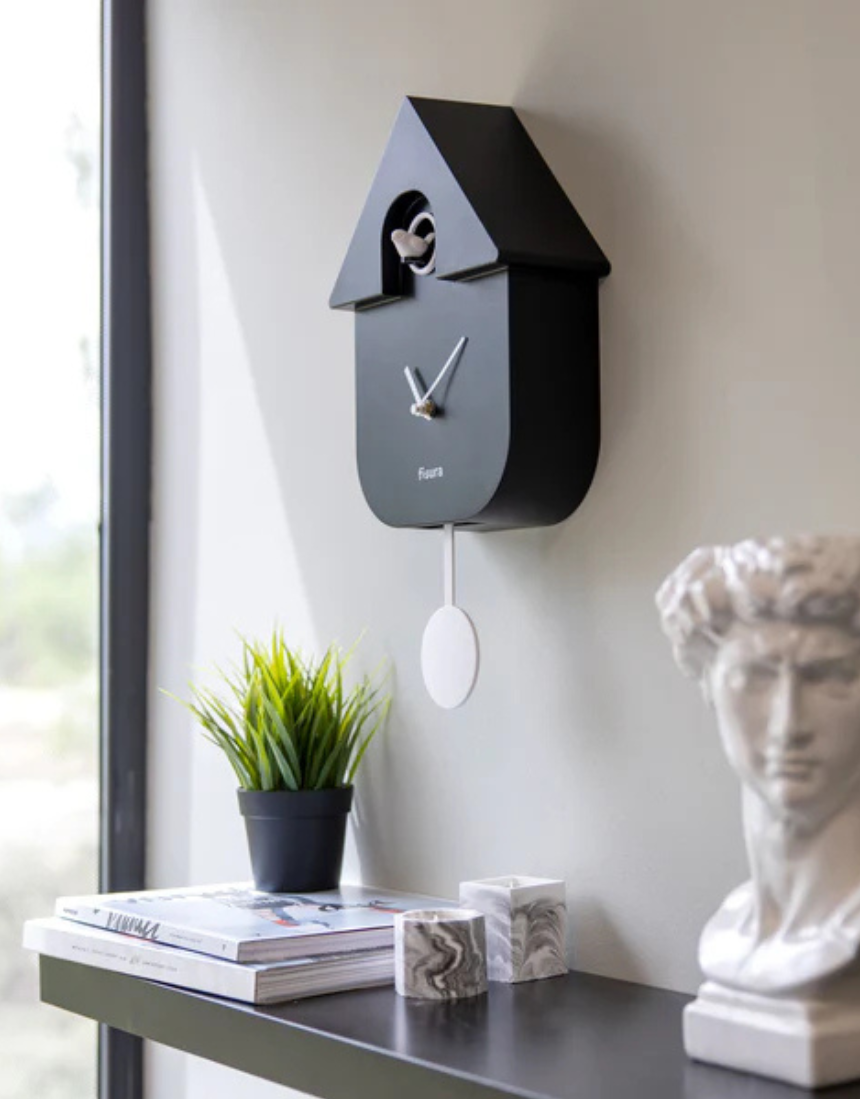 Fisura Casita black cuckoo clock with detailed house design, wooden finish, and traditional clock face.