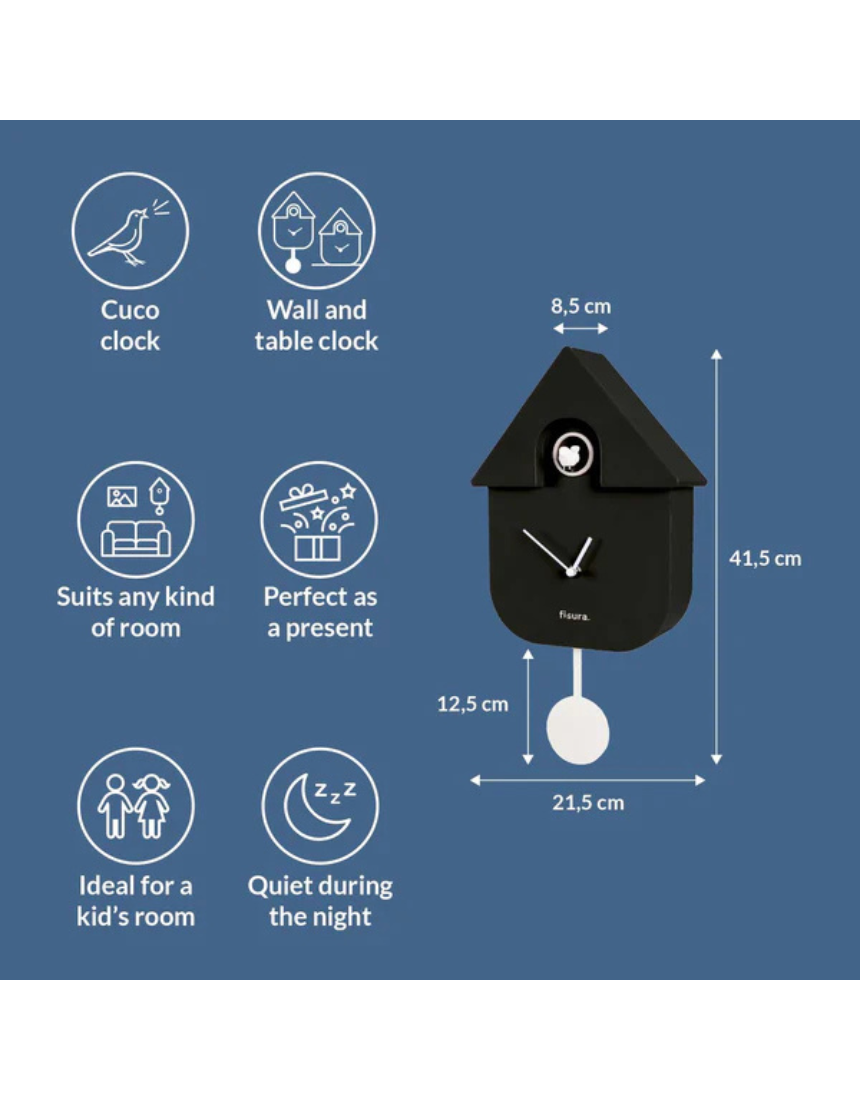 Fisura Casita Black cuckoo clock with wooden house design and traditional clock face, decorative and functional timepiece.