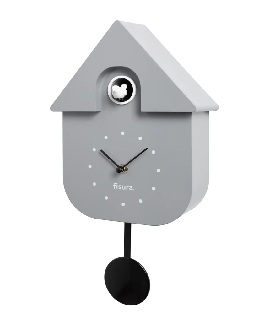 Fisura grey and black cuckoo clock house with dial, detailed wooden design, and traditional clock face.