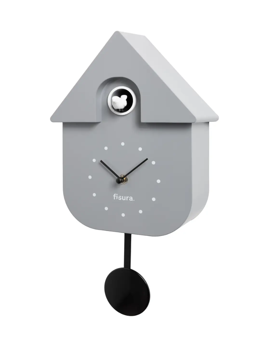Fisura grey and black cuckoo clock house with dial, detailed wooden design, and traditional clock face.
