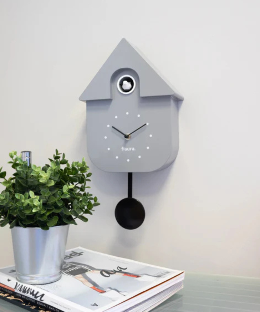 Fisura grey and black cuckoo clock house with dial, detailed wooden design, traditional style, and functional clock face.