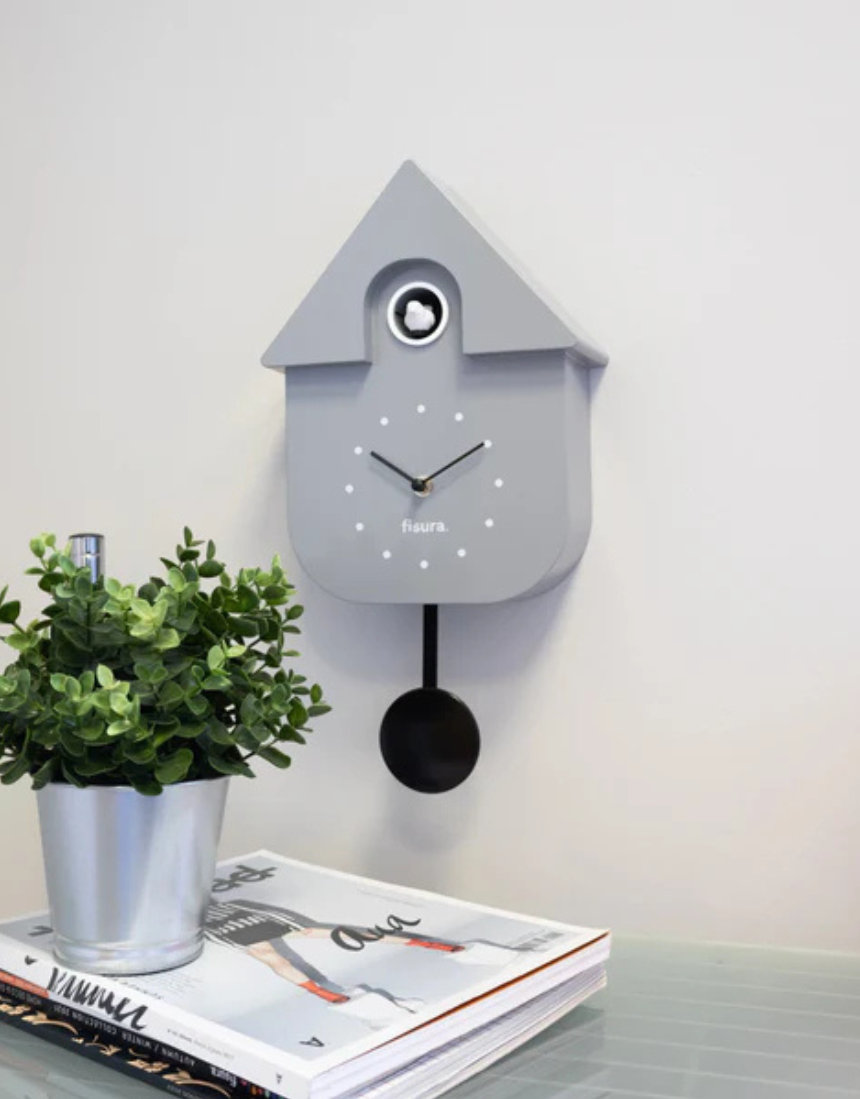 Fisura grey and black cuckoo clock house with dial, detailed wooden design, traditional style, and functional clock face.