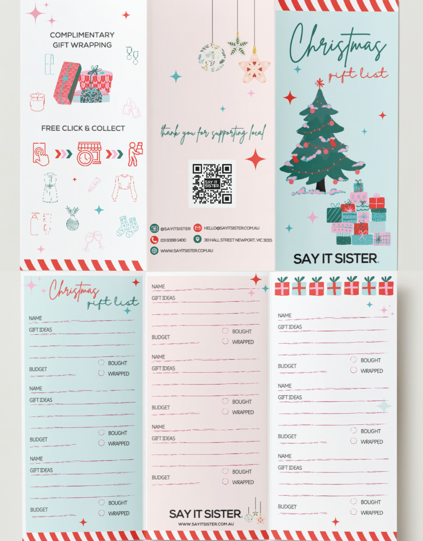 Say It Sister Christmas gift list with festive design, perfect for organizing holiday gift ideas in a stylish way.
