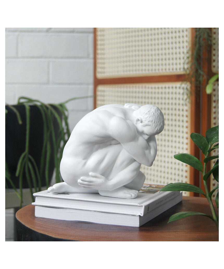 White Moose Body Sculpture Aydian, white ceramic art piece featuring a detailed human figure sculpture on a neutral background.