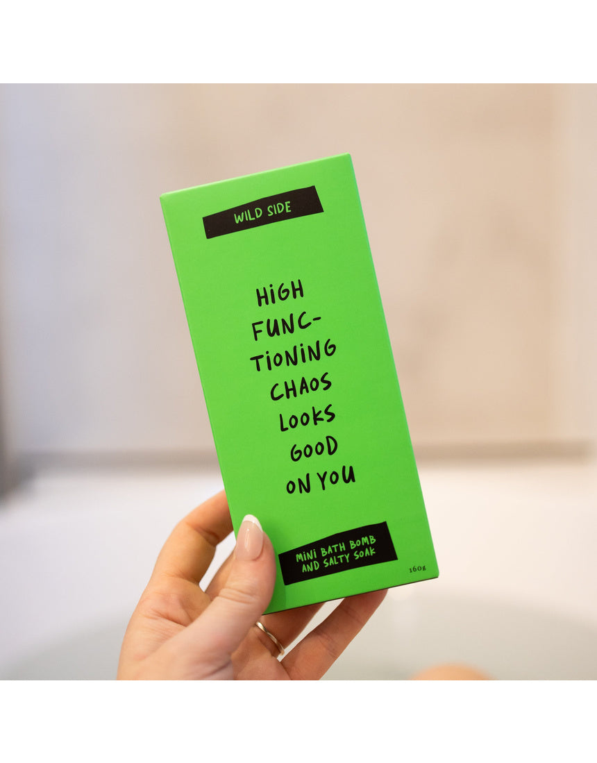 Wild Emery High Functioning Chaos Looks Good On You mini bath bomb and salty soak set packaging