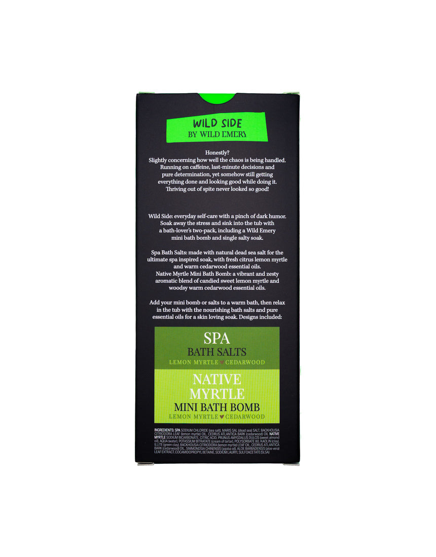 Wild Emery High Functioning Chaos Looks Good On You mini bath bomb and salty soak set packaging