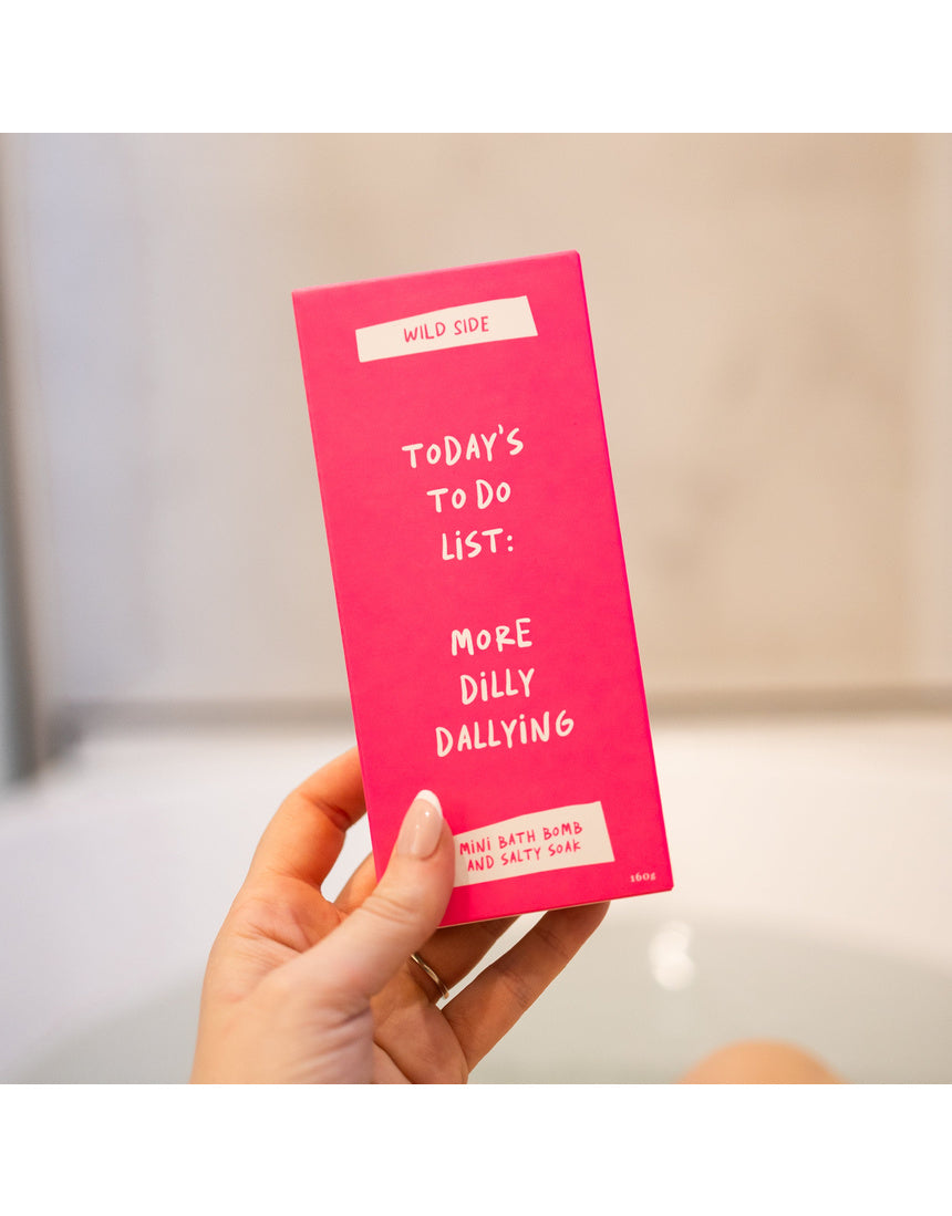 Wild Emery More Dilly Dallying mini bath bomb and salty soak set in Today’s To Do List packaging