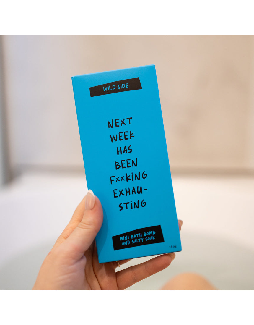 Wild Emery Next Week Has Been F**king Exhausting mini bath bomb and salty soak set packaging