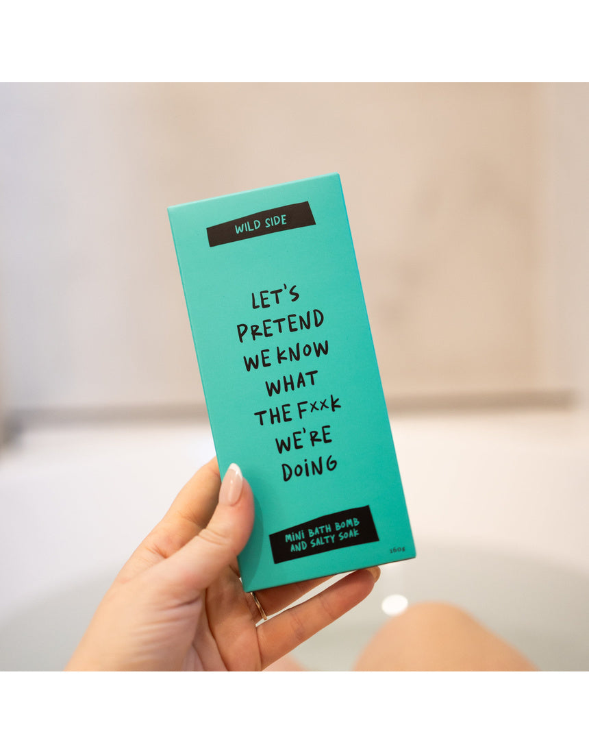 Wild Emery Let's Pretend We Know What We're Doing mini bath bomb and salty soak set packaging