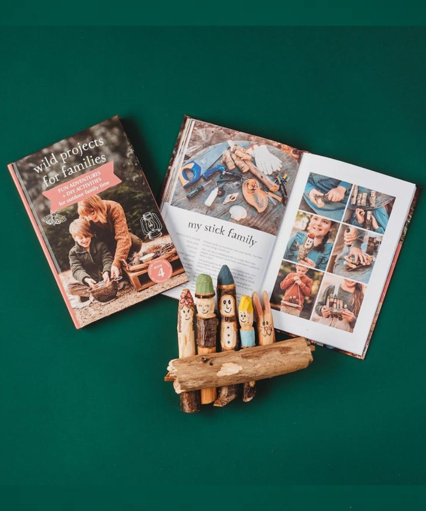 Open page of "Wild Projects For Families" book by Your Wild Books, showcasing colorful family activity ideas and illustrations.