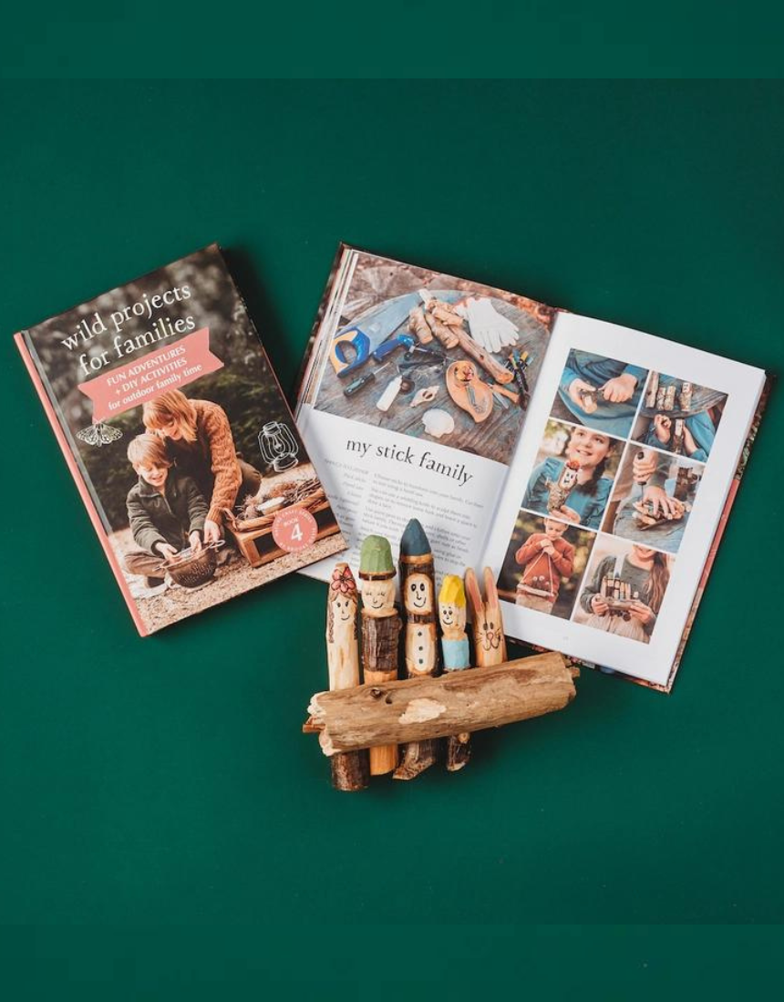 Open page of "Wild Projects For Families" book by Your Wild Books, showcasing colorful family activity ideas and illustrations.