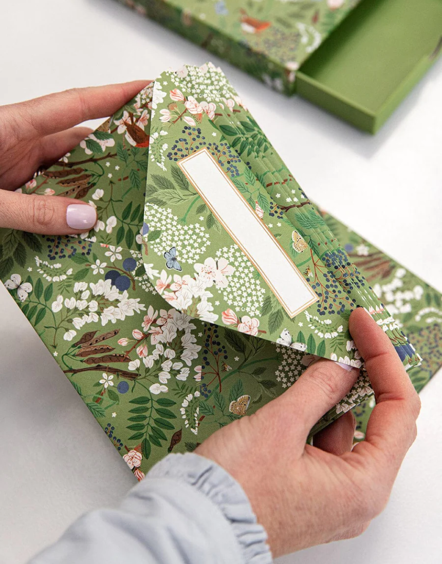 Bespoke Letterpress flowering trees notecard writing box set with greeting and note cards for elegant correspondence.