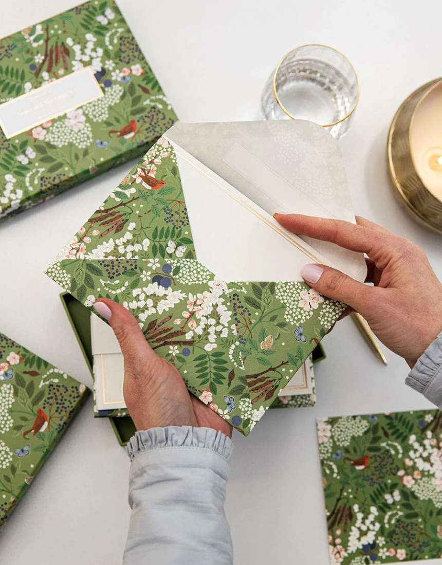 Bespoke Letterpress flowering trees notecard writing box set with elegant greeting and note cards for special occasions
