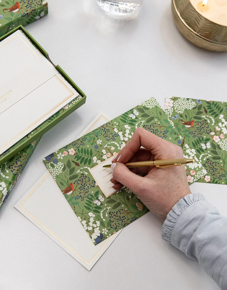 Bespoke Letterpress flower-themed notecard writing box set with greeting cards featuring flowering trees design
