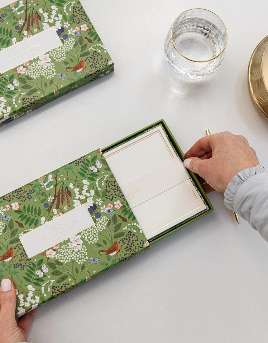 Bespoke Letterpress flowering trees notecard writing box set featuring elegant greeting and note cards with floral tree designs.