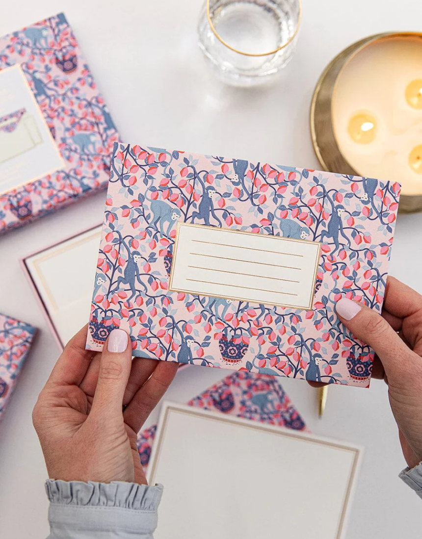 Bespoke Letterpress Monkey and Lemon notecard writing box set with greeting cards, featuring colorful, handcrafted letterpress designs.