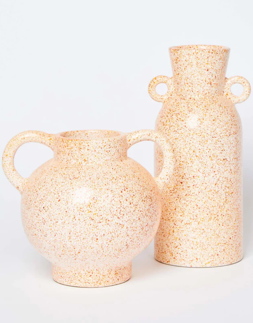 Bonnie and Neil Speckle Amber Short Vase, ceramic decorative vase with a speckle pattern in amber color.