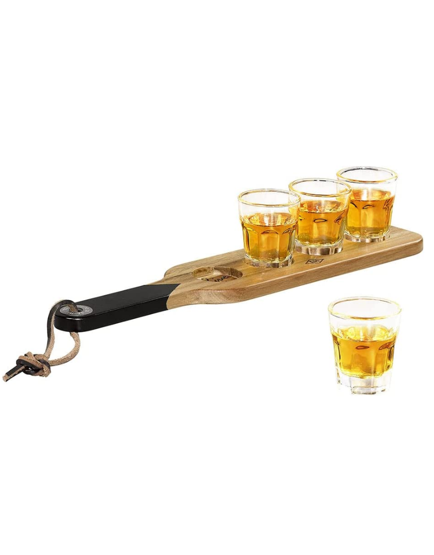 Gentlemen's Hardware shot glasses with a serving paddle, featuring a rustic design perfect for casual drink serving.