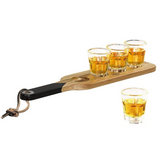 Gentlemen's Hardware shot glasses with a serving paddle, featuring a rustic design perfect for casual drink serving.