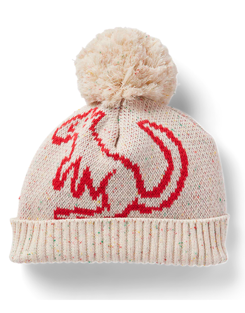 Creamy Roo cotton knit beanie hat by Halcyon Nights for 3-6 months, soft and cozy baby headwear in natural cream color.