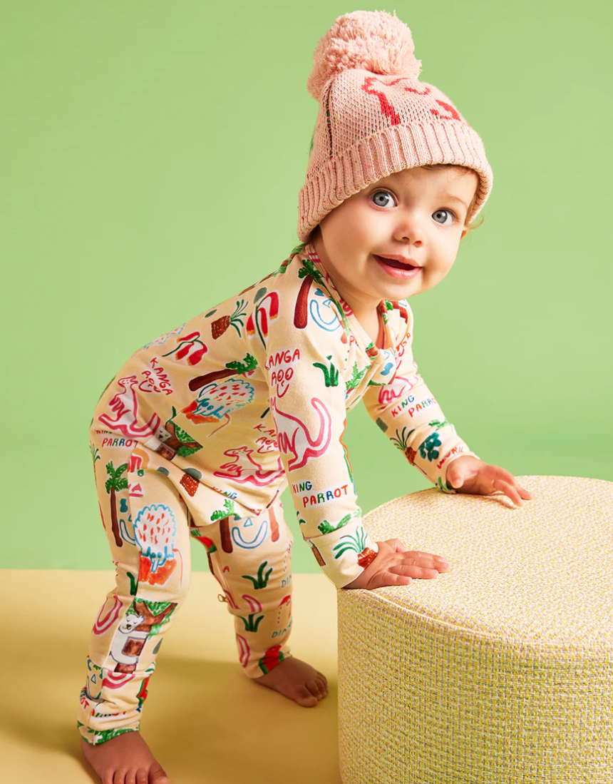 Pink Koala cotton knit beanie hat by Halcyon Nights for 3-6 months, featuring soft knit fabric and adorable design.
