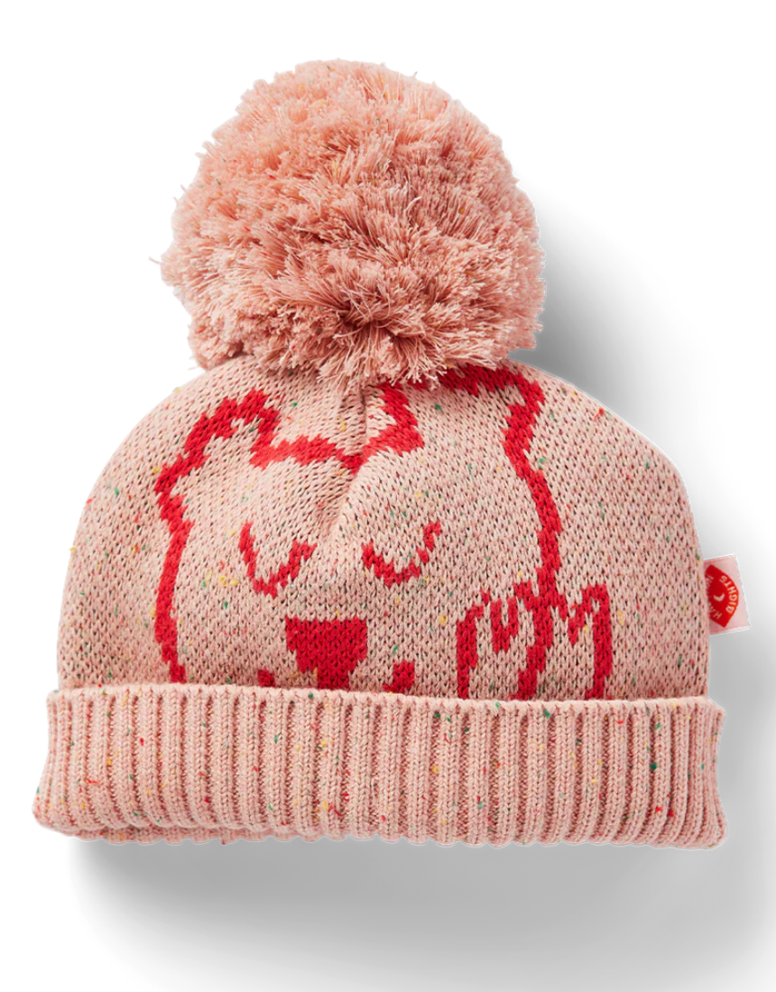 Pink cotton knit beanie hat by Halcyon Nights featuring a cute koala design for 3-6 months old babies.
