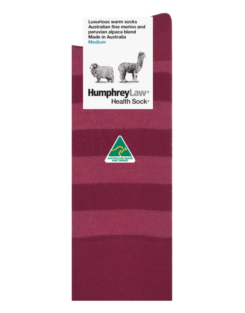 Humphrey Law medium-sized fine merino and baby alpaca socks in berry color, showcasing soft, cozy knit fabric and detailed texture.