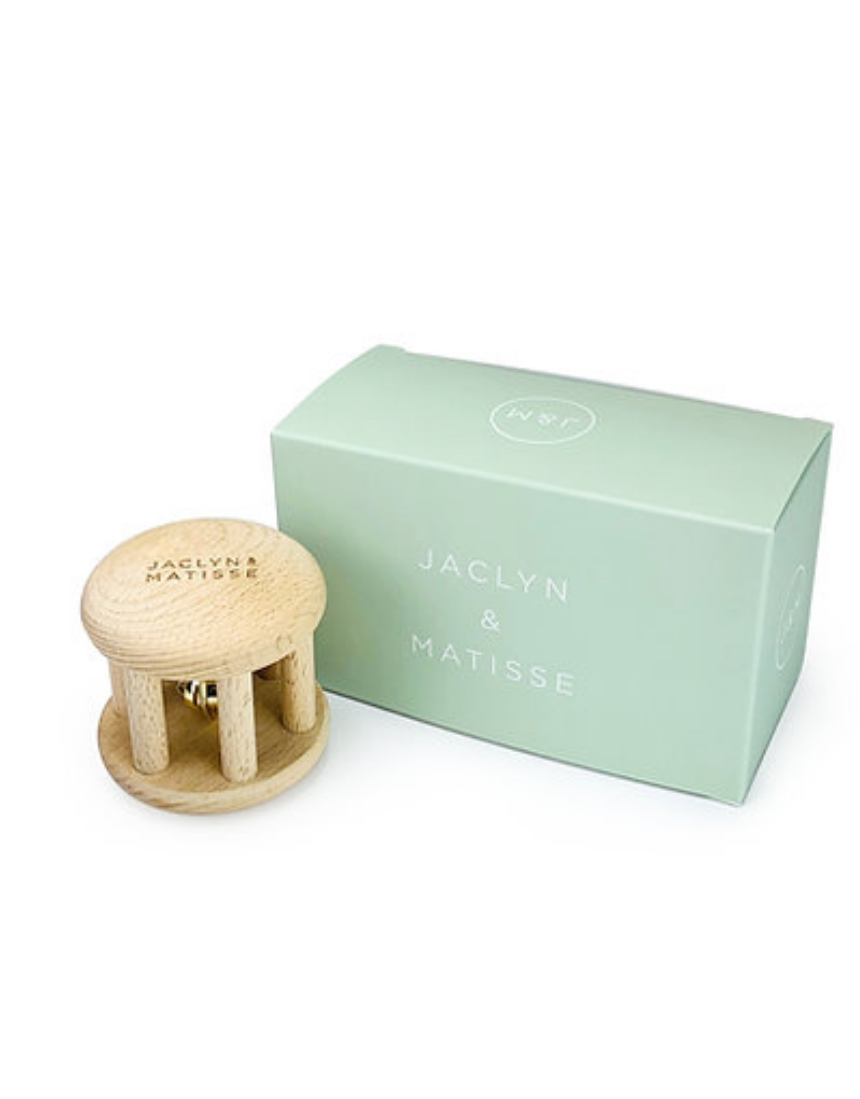 Jaclyn and Matisse Wooden Rattle Bella the Bell toy instrument for babies, featuring colorful wooden beads and a bell.