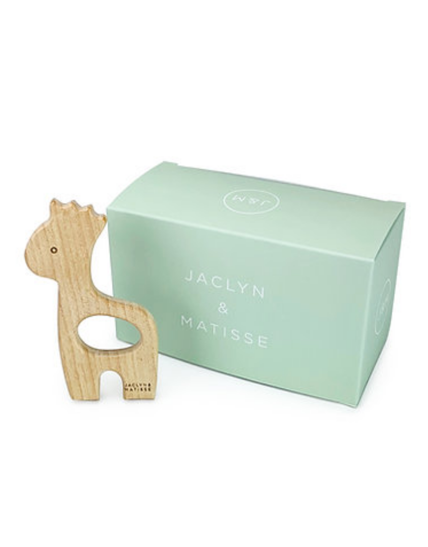 Wooden teether toy featuring Georgie the Giraffe from Jaclyn and Matisse, designed as a charming toy instrument for babies.