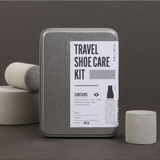 Men's Society travel shoe care kit with brushes and polish for men's shoes, compact shoe maintenance set in a portable case.